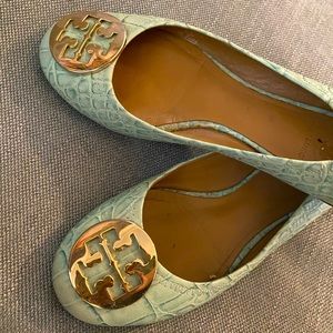 Tory Burch alligator skin flats with gold logo